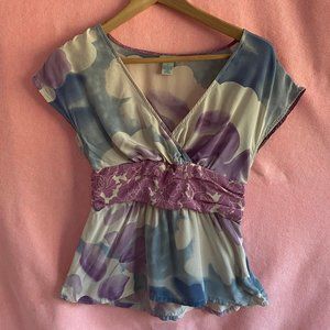 Odille Anthropologie Silk Pastel Floral Blouse